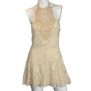 Free People Cream Floral Lace and Crochet Halter Mini Dress, EUC, size Medium